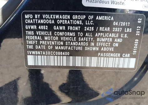 2012 Volkswagen Passat 2.0L Tdi Se из США, поврежденный, VIN 1VWBN7A3XCC086400